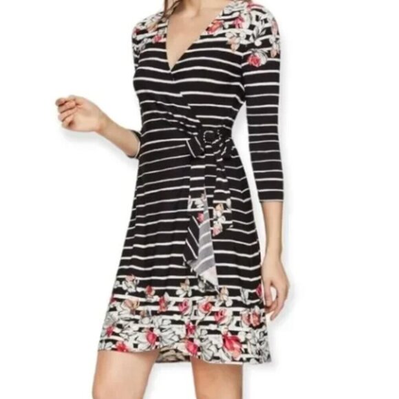 BCBGMaxAzria Dresses & Skirts - Pink BCBGMaxazria Wrap Dress Black and White Stripe Floral Party Dress Size: S